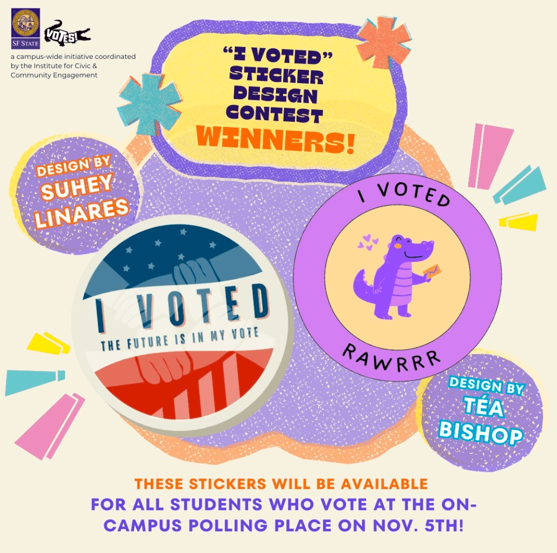 two sticker designs one that reads i voted my future is in my vote and one that reads i voted rawr with a purple alligator on it