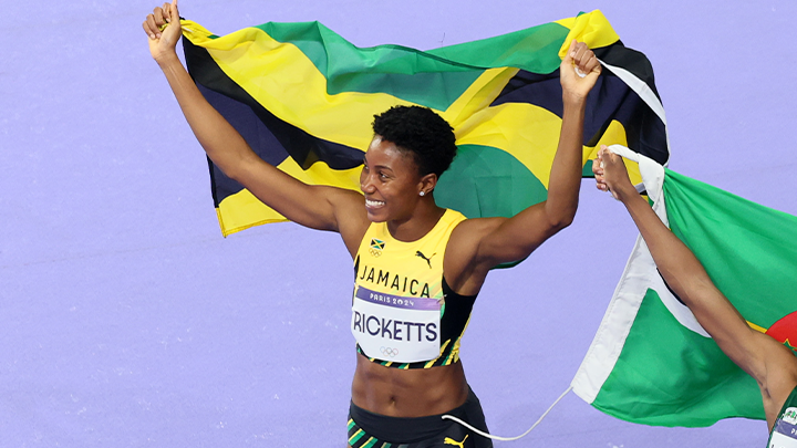 Shanieka Ricketts (Thomas) celebrates after taking silver in the Women's Triple Jump Final at the Olympic Games Paris 2024