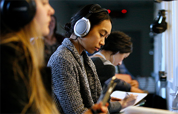 woman with over the ear headphones on