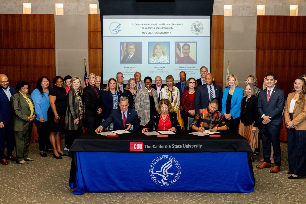 Health and Human Services Secretary Xavier Becerra, Chancellor García and HHS Assistant Secretary for Administration Cheryl R. Campbell signed an MOU on October 22, 2024, to collaborate on channeling students to work in federal health roles.