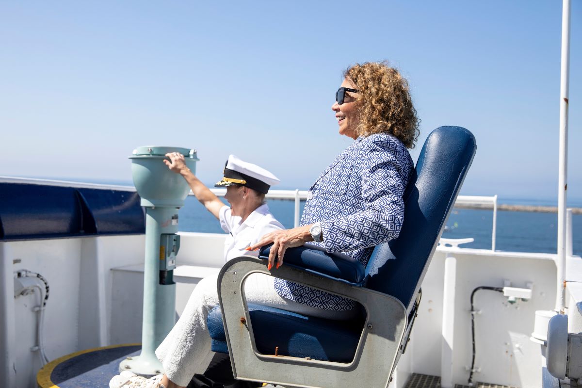 Ahoy there! Chancellor García takes the captain’s chair during a visit aboard the TSGB alongside Capt. Samar Bannister, the ship’s first female captain appointed in Sep. 2022.