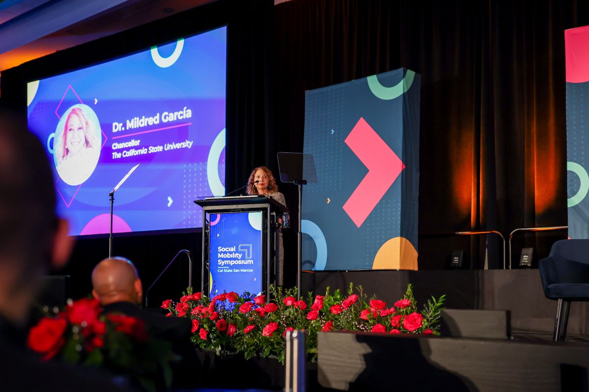 Alongside other speakers, Chancellor García hailed the CSU as “a strong and stabilizing force for good” during her address at the 2025 National Social Mobility Symposium hosted by CSU San Marcos February 20-21, 2025. 