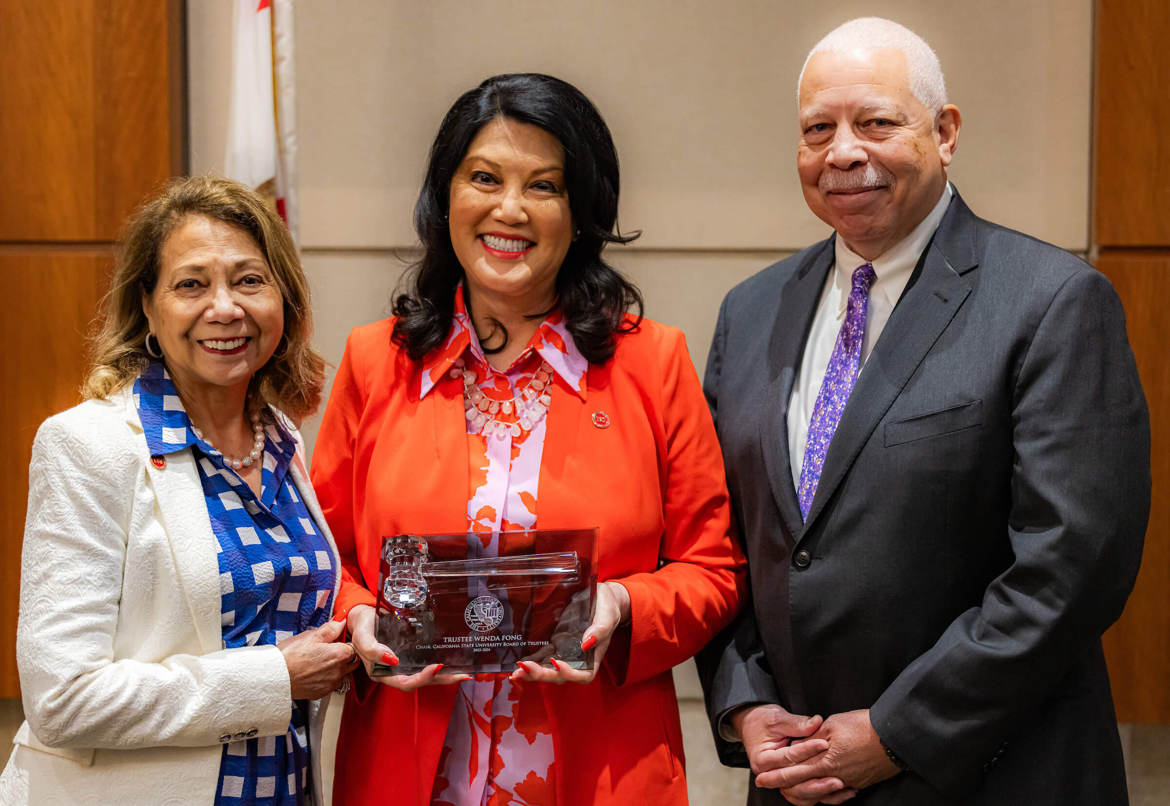Chancellor Mildred Garcia, outgoing chair Wenda Fong, incoming Chair Jack Clarke