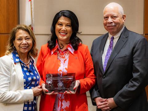 Chancellor Mildred Garcia, outgoing chair Wenda Fong, incoming Chair Jack Clarke