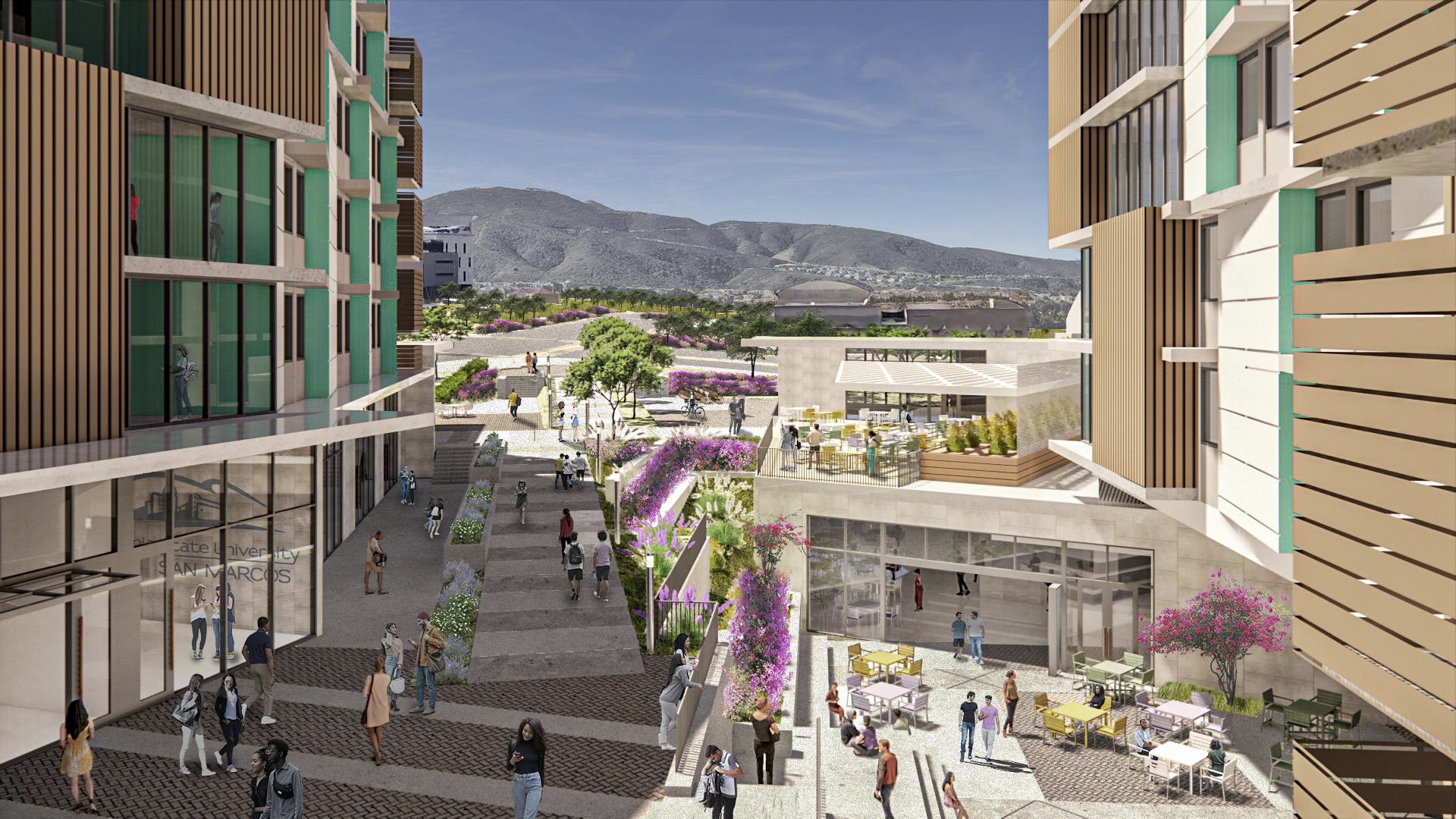 A rendering of CSUSM's University Village Student Success Housing and Dining Project