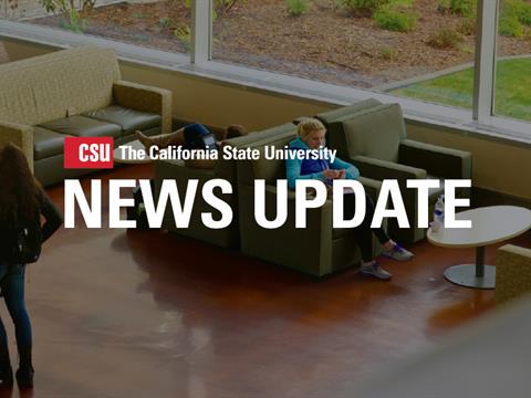 Students sitting in campus building with the copy &quot;News Update&quot; across the center.
